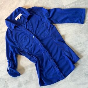 Almost Famous     V-neck    Button down Shirt  Royal Blue  3/4 sleeves   Size XS